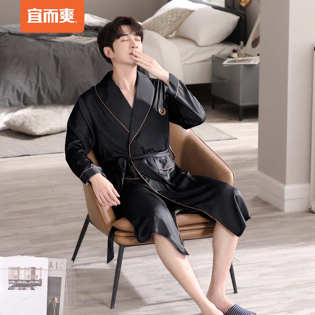 宜而爽睡袍你那23春秋长袖男士睡衣冰丝薄款翻领开衫休闲家居服