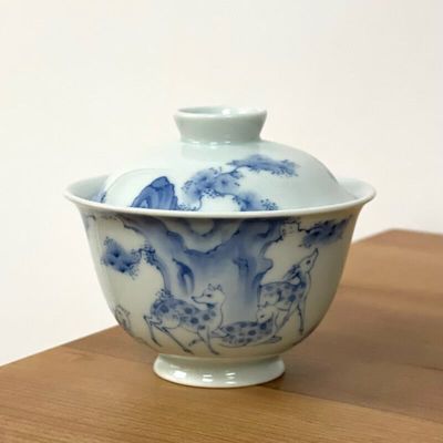 龙圣华苑景德镇谷雨山房尹曰早期手绘青花松山鹿苑鸿逸盖碗茶道具