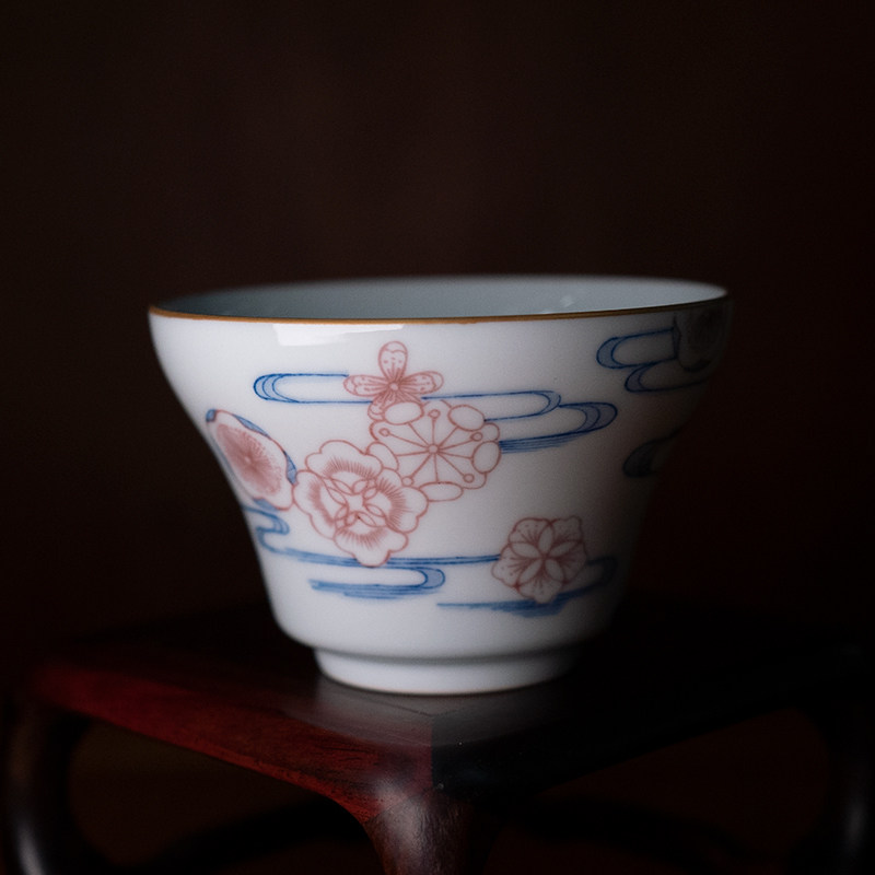 龙圣华苑景德镇谷雨山房手绘青花釉里红皮球花福禄杯手工陶瓷茶杯