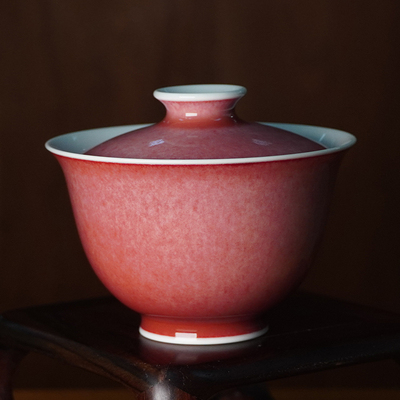 谷雨山房高温原矿豇豆红文心盖碗