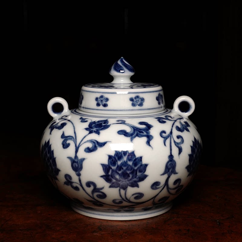 龙圣华苑景德镇陶人临古仿永乐青花缠枝花卉双系罐早期手工茶叶罐