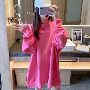 纯棉加厚2024秋季新款爆款玫红色卫衣女长款宽松大码胖mm大版上衣