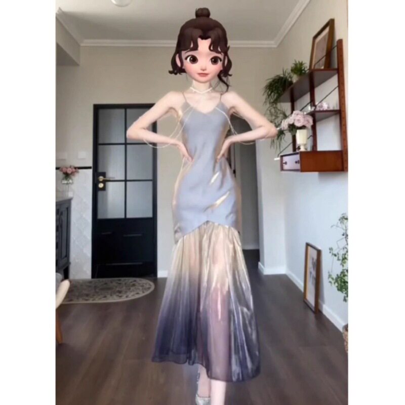 大码早春镭射幻彩鱼尾礼服裙吊带连衣裙女微胖mm绝美收腰显瘦裙子