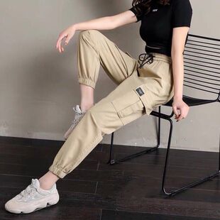 ins工装裤女2022夏新款高腰韩版学生休闲宽松显瘦九分束脚哈伦裤