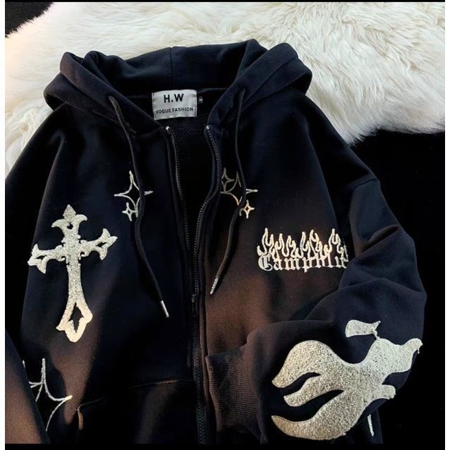 美式复古十字架连帽开衫卫衣男女学生潮oversize情侣宽松外套春秋