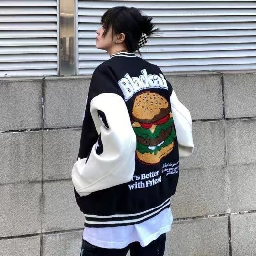 春秋新款夹克潮高街原宿汉堡学生美式棒球服宽松休闲情侣外套男女