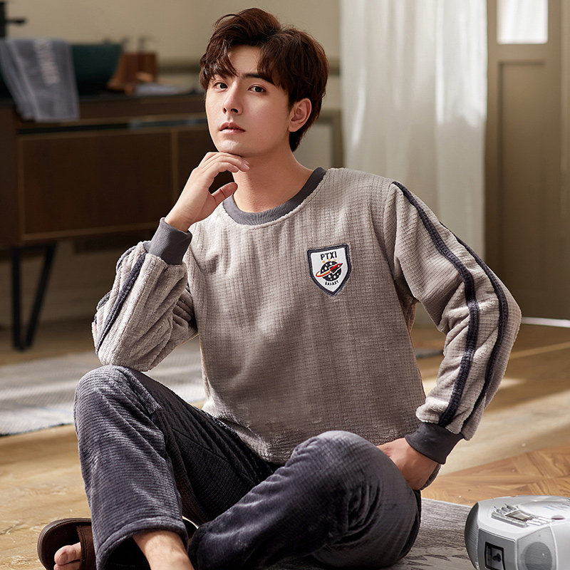 秋泓齐秋冬季男士绒款长袖长裤休闲北极绒家居服男套装两件套