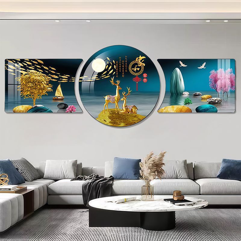 轻奢简约客厅三联三联画装饰画现代沙发背景挂画新款圆角晶瓷几何图片
