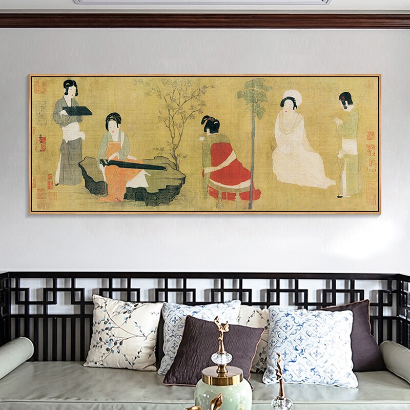 周昉调琴啜茗图装饰画新中式客厅背景墙壁画复古古风仕女图挂画横