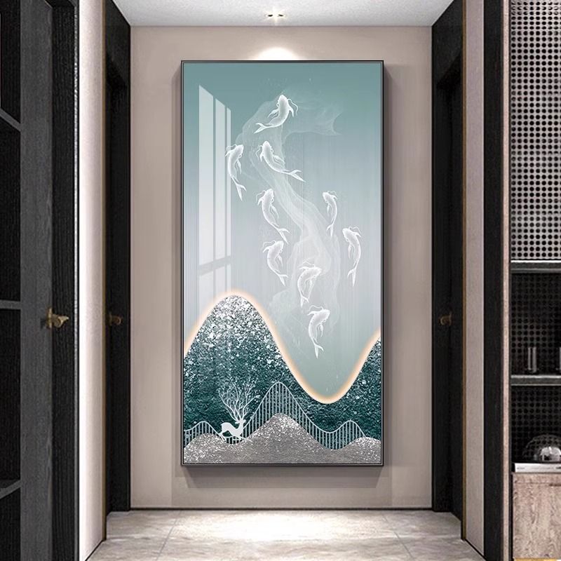 玄关装饰画现代简约走廊挂画创意九鱼图过道壁画竖版小众轻奢墙画图片