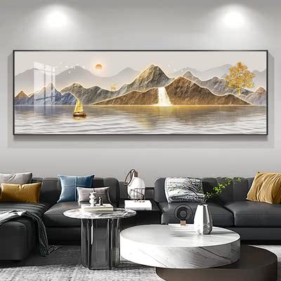 旭日东升客厅挂画现代轻奢沙发背景墙装饰画高档大气山水横版壁画