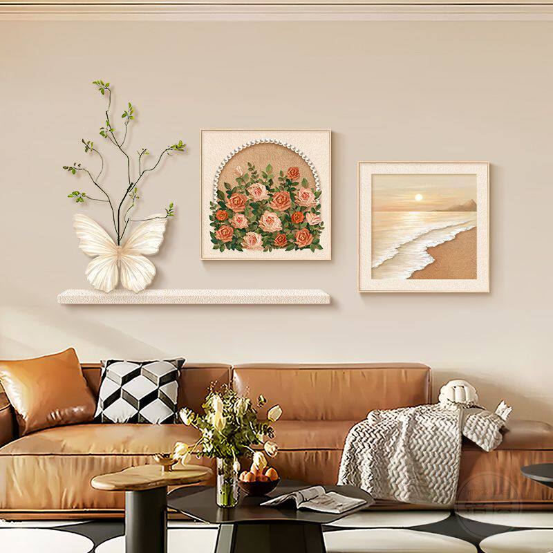 法式奶油风客厅装饰画玫瑰花卉蝴蝶海浪复古电视沙发背景墙壁挂画