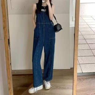 新款牛仔裤长裤高腰女时尚纽扣深色春季背带阔腿裤潮流百搭ins