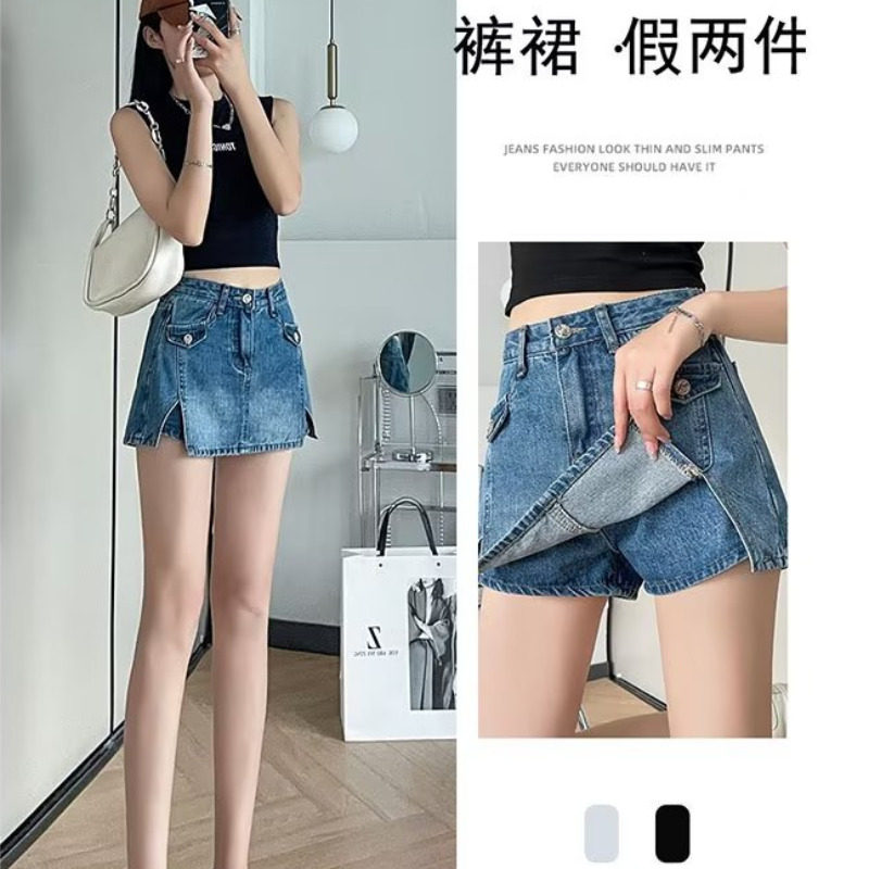 假两件牛仔半身裙女薄高腰显瘦百搭复古a字包臀遮肉辣妹短裤裙夏