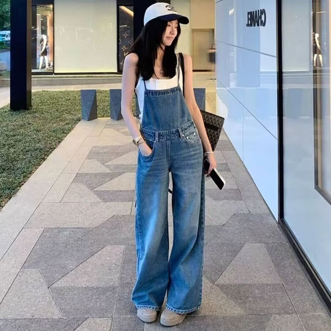 小个子短款牛仔背带裤女生宽松直筒阔腿裤减龄百搭学生休闲连体裤