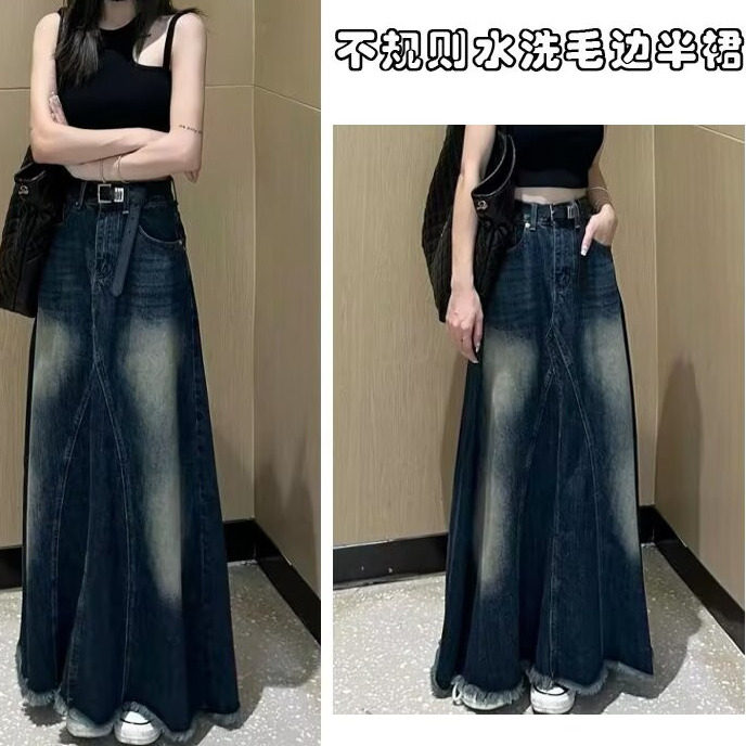 复古水洗磨白牛仔半身裙女2025春季新款慵懒风不规则中长款A字裙