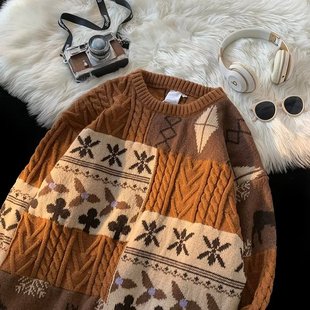 潮 圣诞节复古日系慵懒针织衫 毛衣高级感男潮牌加厚外套秋冬款 美式