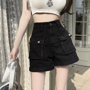 美式 黑色大码 女辣妹2023夏季 子女 显瘦高腰牛仔短裤 设计感a字热裤
