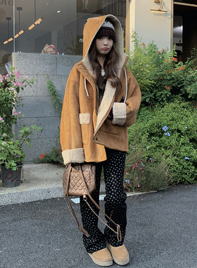 韩版棉衣保暖女宽松驼色小个子皮毛一体加厚连帽外套6089P200K298