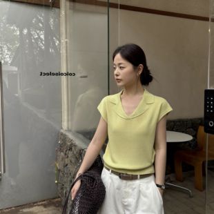 T.G-透气凉爽天丝麻混纺.小飞袖v领翻领.冰丝针织马甲小衫26548