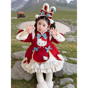 女童加绒加厚洛丽塔迪士尼公主裙女宝宝凯蒂猫洋气新年年服连衣裙
