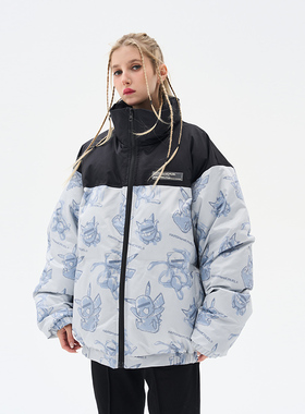 harsh and cruel 街头手绘神奇宝贝全幅印花拼接立领保暖棉服外套