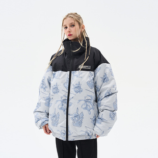 街头手绘神奇宝贝全幅印花拼接立领保暖棉服外套 cruel harsh and