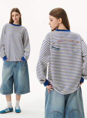 HACR海军风条纹刺绣休闲T恤 美式复古休闲宽松海魂衫长袖