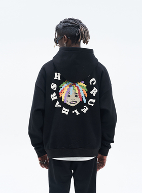 harsh and cruel 美式街头手绘彩色脏辫卡通嘻哈黑人头像连帽卫衣