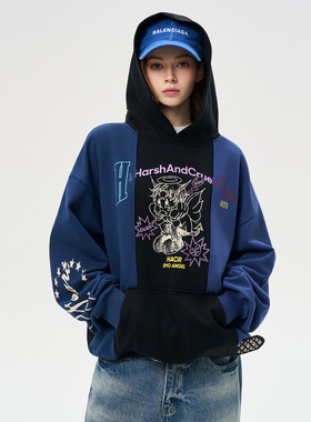 HACR复古多色拼接卫衣 国潮牌童趣手绘宽松休闲连帽上衣