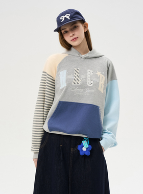 HACR韩系条纹拼接插肩袖卫衣 星星贴布绣国潮牌连帽卫衣男女