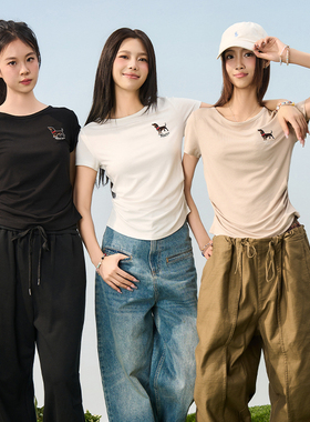 HACR 弹力针织刺绣小狗正肩短袖夏收腰T恤女修身