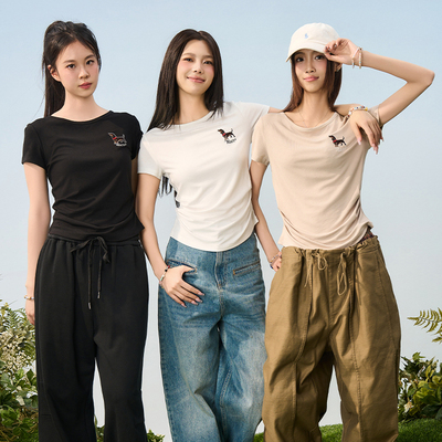 HACR 弹力针织刺绣小狗正肩短袖夏收腰T恤女修身