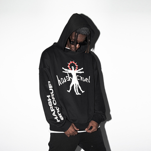 harsh and cruel 街头感复古手绘变异人发泡宽松休闲连帽卫衣