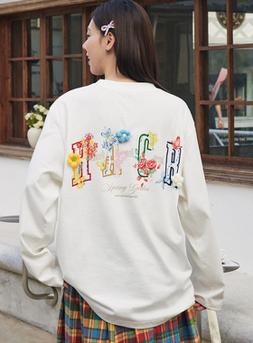 HACR童趣毛线小花刺绣长袖t恤 早秋国潮宽松慵懒感情侣装t恤男女