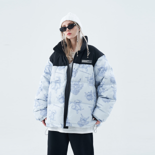 手绘神奇宝贝全幅印花拼接立领羽绒服 cruel harsh and