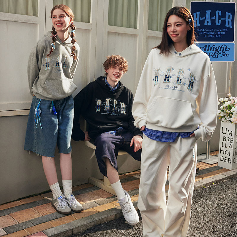 HACR名族风编织贴布渐变刺绣连帽卫衣 春秋装宽松国潮牌情侣帽衫