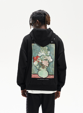 harsh and cruel 复古街头抽象油画花卉花朵印花宽松百搭连帽卫衣