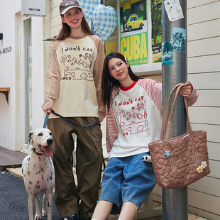 早秋国潮宽松慵懒感情侣装 t恤 t恤男女 长袖 HACR手绘小狗插肩袖