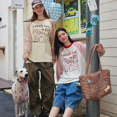 HACR手绘小狗插肩袖长袖t恤 早秋国潮宽松慵懒感情侣装t恤男女