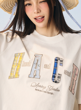 HACR｜harshandcruel童趣撞色碎花格贴布绣圆领宽松短袖T恤男女