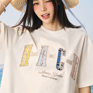 HACR｜harshandcruel童趣撞色碎花格贴布绣圆领宽松短袖T恤男女