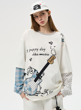 HACR手绘吉他小狗假两件长袖 宽松拼色休闲国潮牌T恤男女