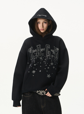 HACR流光银河烫钻卫衣 美式街头宽松休闲重工帽衫