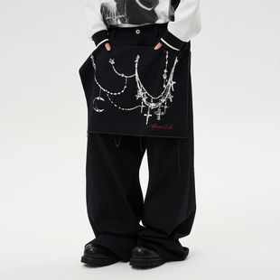 HACR可拆卸挂布质感廓形打褶街头休闲洗水黑色阔腿裤