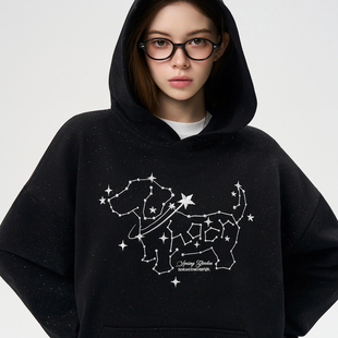 HACR闪粉星星小狗刺绣连帽卫衣 街头宽松休闲国潮牌上衣 美式