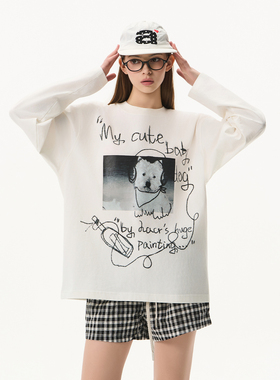 HACR手绘涂鸦小狗印花T恤 复古松弛居家感休闲长袖男女