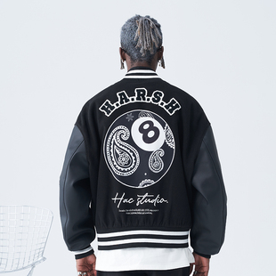 harshandcruel 宽松街头刺绣植绒复古腰果花台球黑八棒球服夹克男
