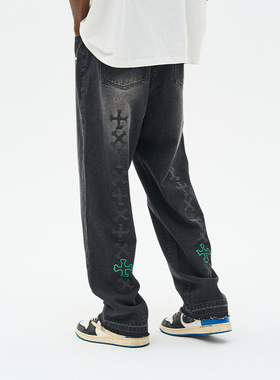 harsh and cruel  街头感十字架印花做旧洗水嘻哈牛仔裤