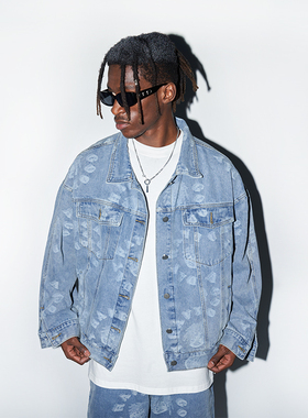 harsh and cruel 街头立体圈圈字手绘脏辫小黑人提花水洗牛仔夹克